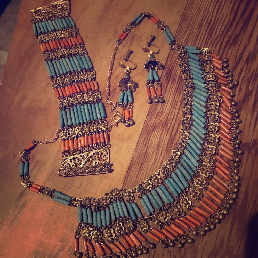 1920s Egyptian Revival brass & faience beads